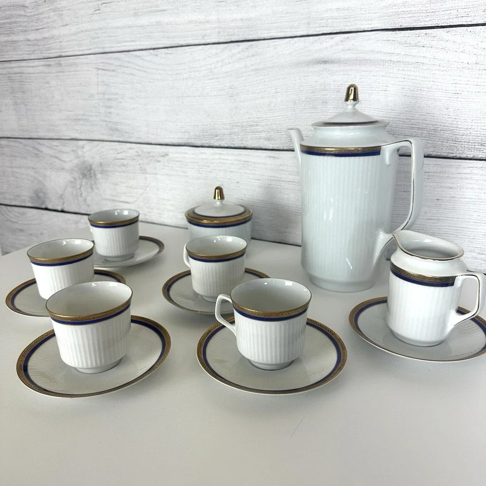 VTG Bareuther Bavaria Germany 100th Anniv. Coffee Set White Cobalt Gold 14 Piece